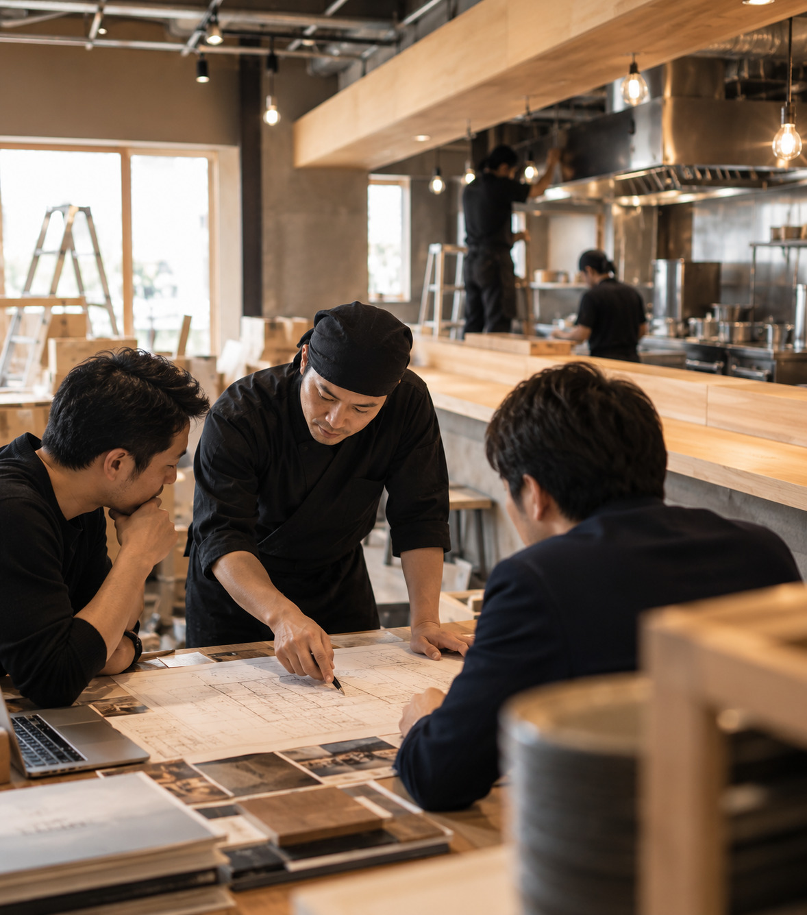店舗の図面を囲んで打ち合わせをするスタッフ