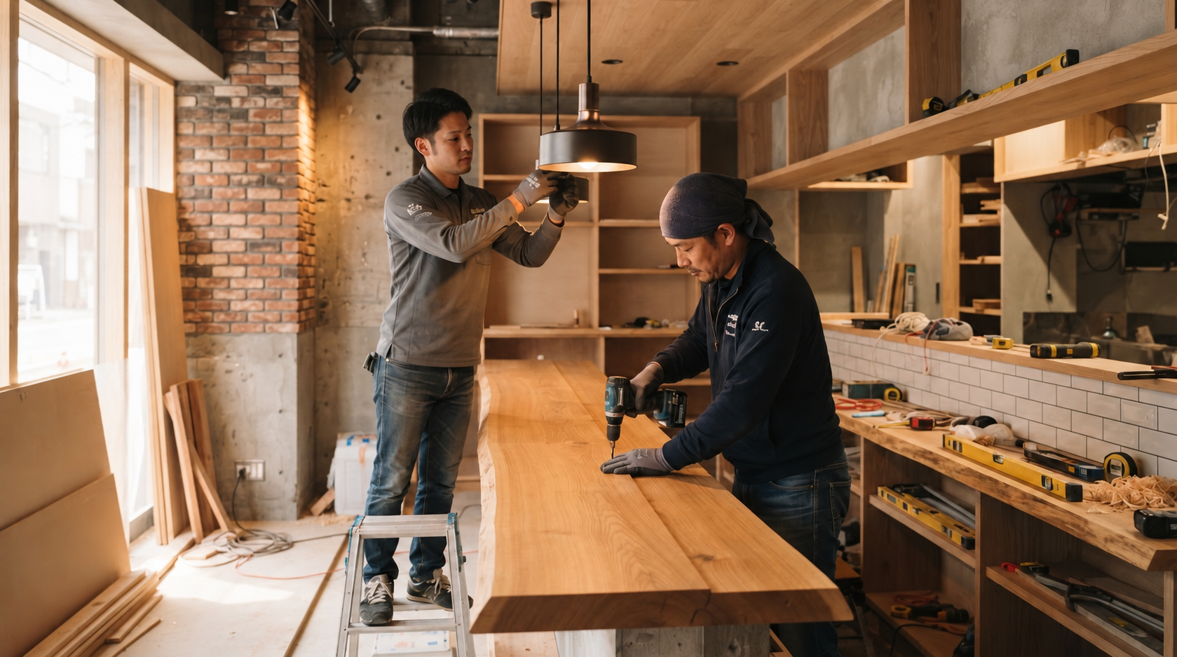 ラーメン店の内装を施工する職人