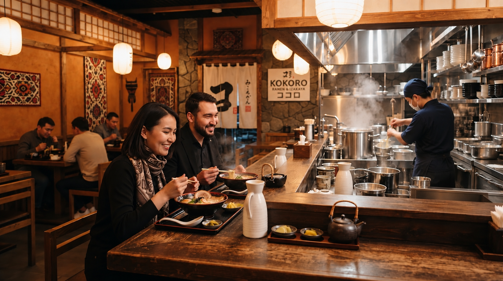 海外のラーメン店で食事を楽しむ人々