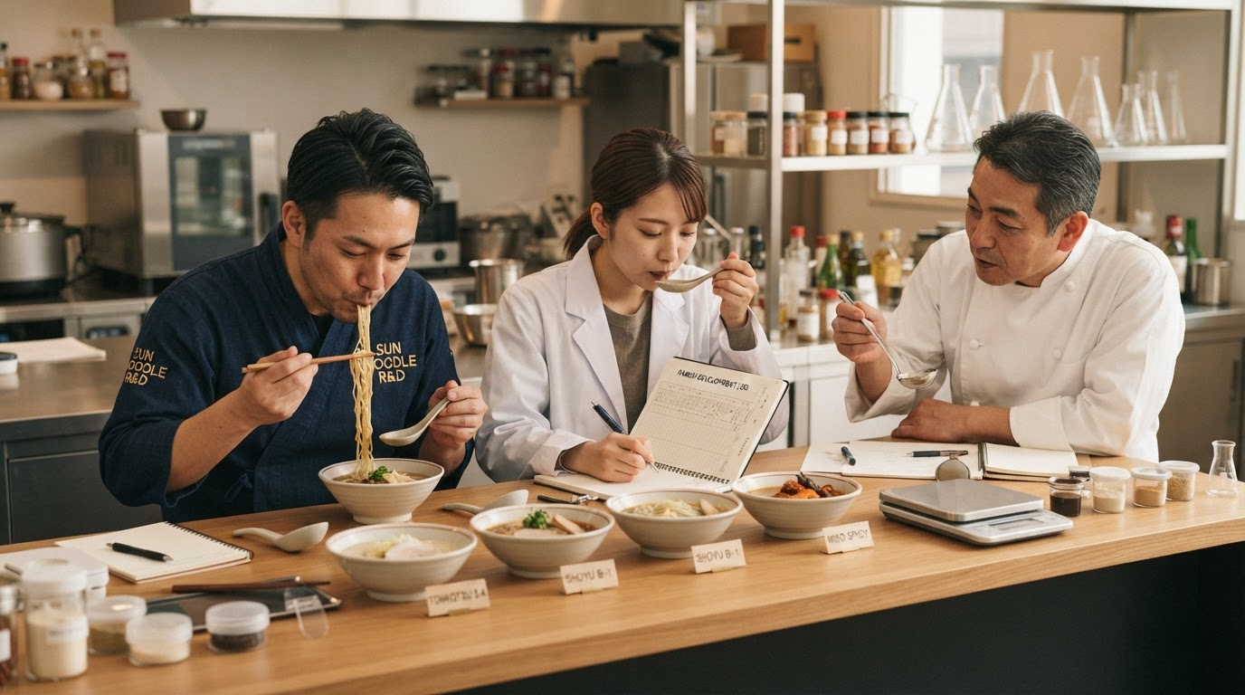 ラーメンを試食しながら商品開発を行うスタッフ