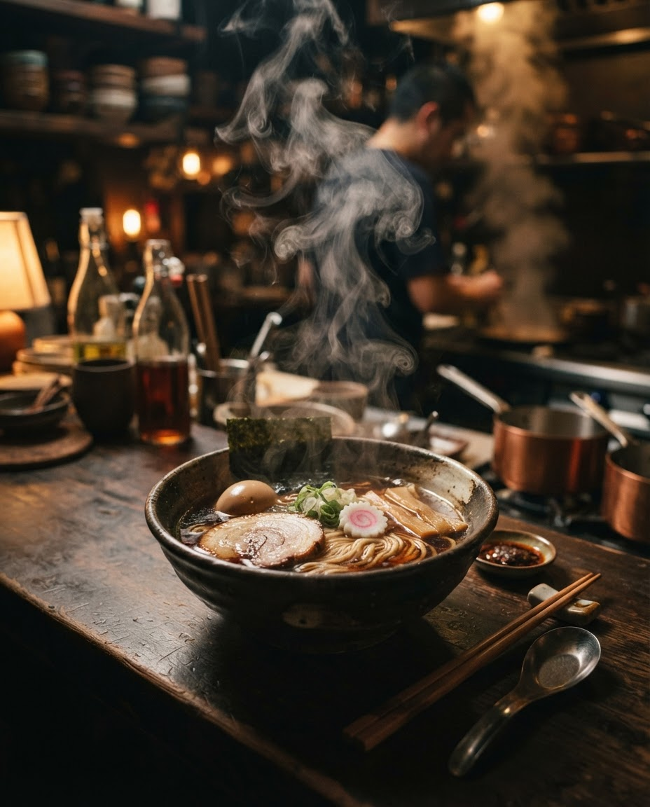 湯気の立つラーメン