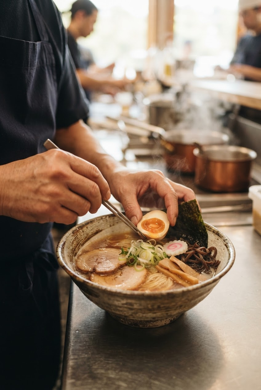 ラーメンを盛り付ける職人の手元